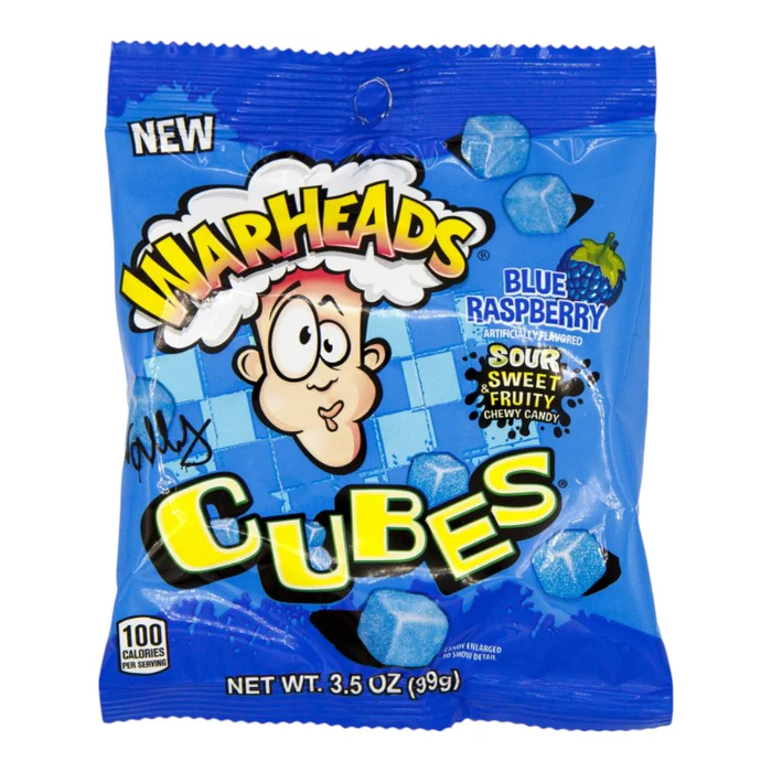 CANDY WARHEADS 99 GR CUBES BLUE RASPBERRY PEG BAG