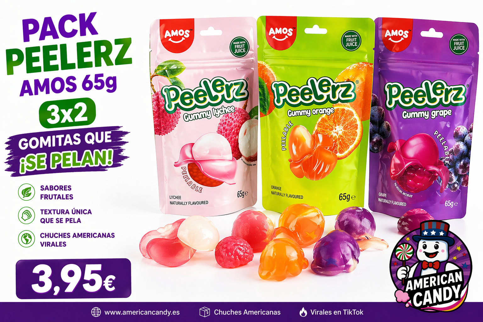 Peelerz Amos 65g Pack 3X2 – Gomitas que se pelan | Chuches originales y gominolas americanas