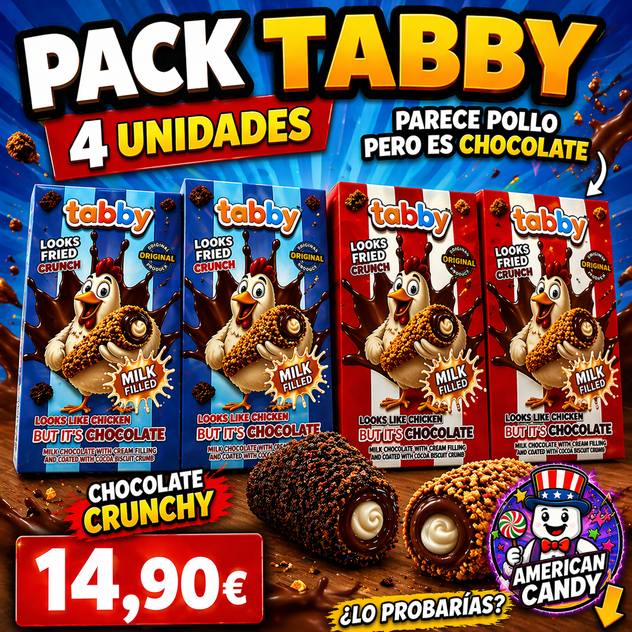 Pack Tabby Chocolate 4 Unidades – Snack Crujiente con Relleno de Leche
