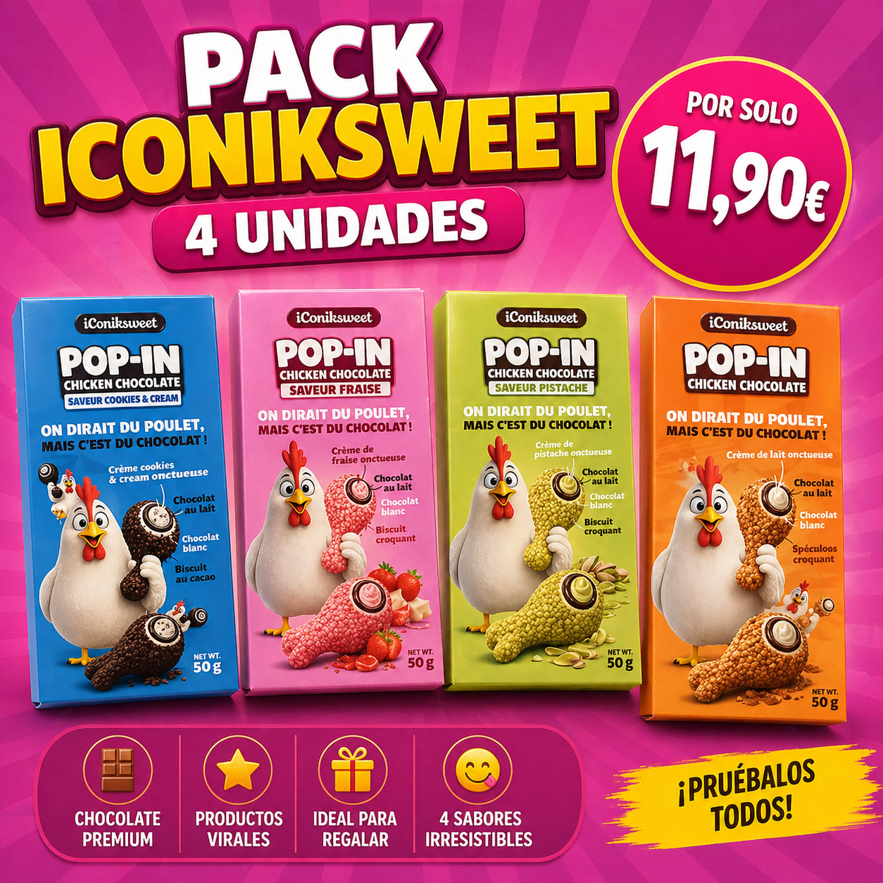 Pack Chocolates IconikSweet 4 Unidades – Snack Dulce Variado