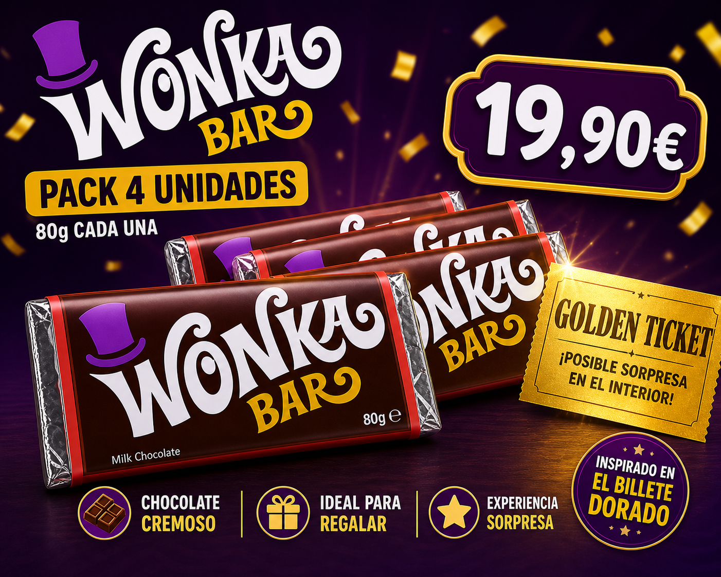 Pack 4 Wonka Bar 80g – Chocolate Inspirado en Willy Wonka con Sorpresa