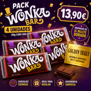 Pack 4 Wonka Bar 50g – Chocolate Inspirado en Willy Wonka con Sorpresa