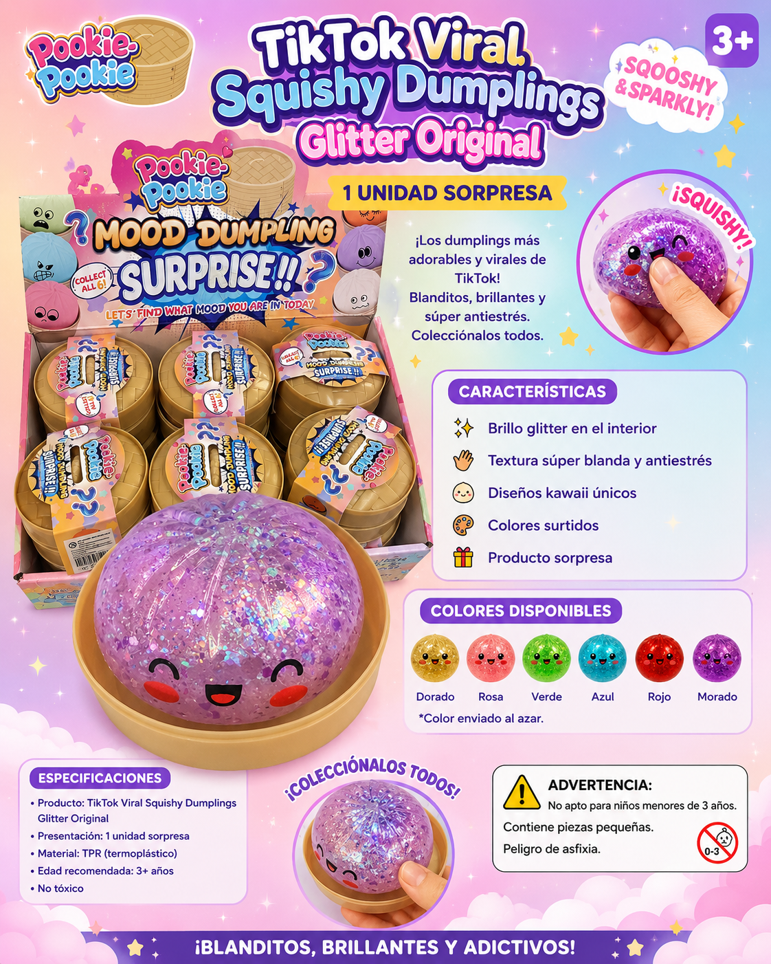 TikTok Viral Squishy Dumplings Glitter Original– 1 Unidad