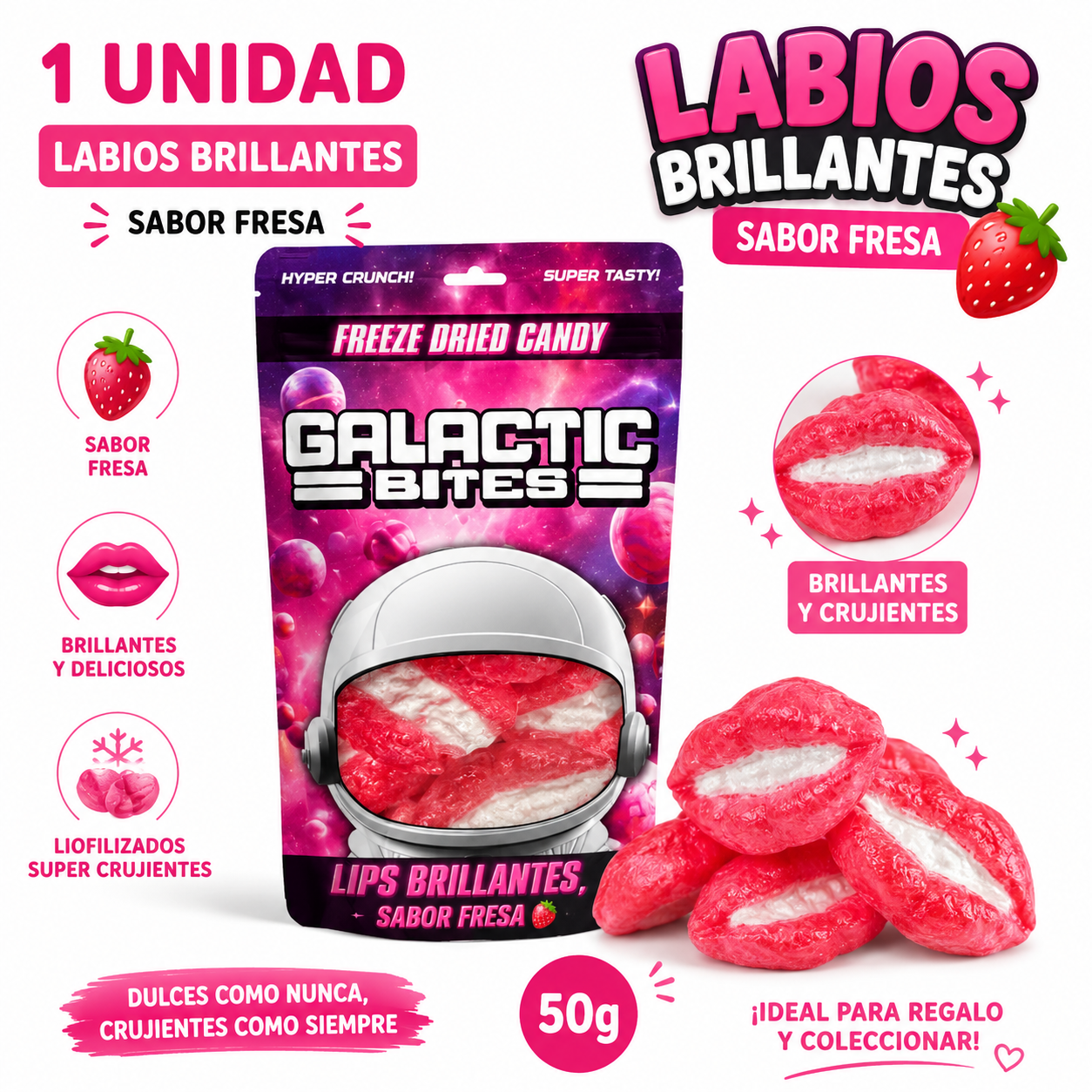 Labios De Fresa Brillantes Liofilizados Galactic Bites 50g