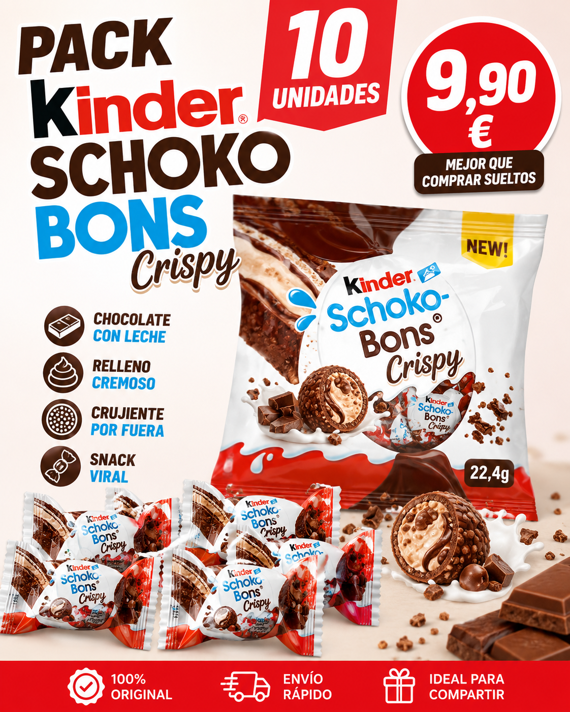 Pack 10 Kinder Schoko Bons Crispy 22,4g – Chocolate Kinder Crujiente Oferta