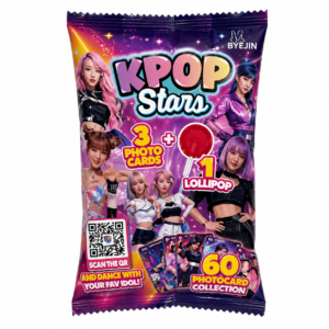 KPOP Stars – 3 Photo Cards + Piruleta (1 Unidad)