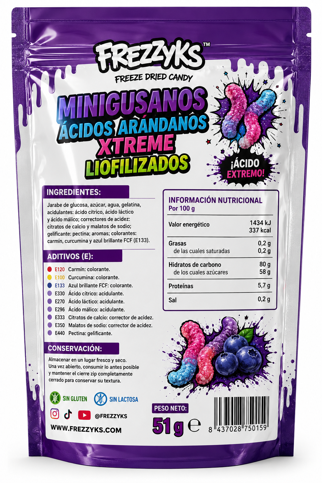 Minigusanos Ácidos Arándanos Xtreme Frezzyks 51g - Imagen 2