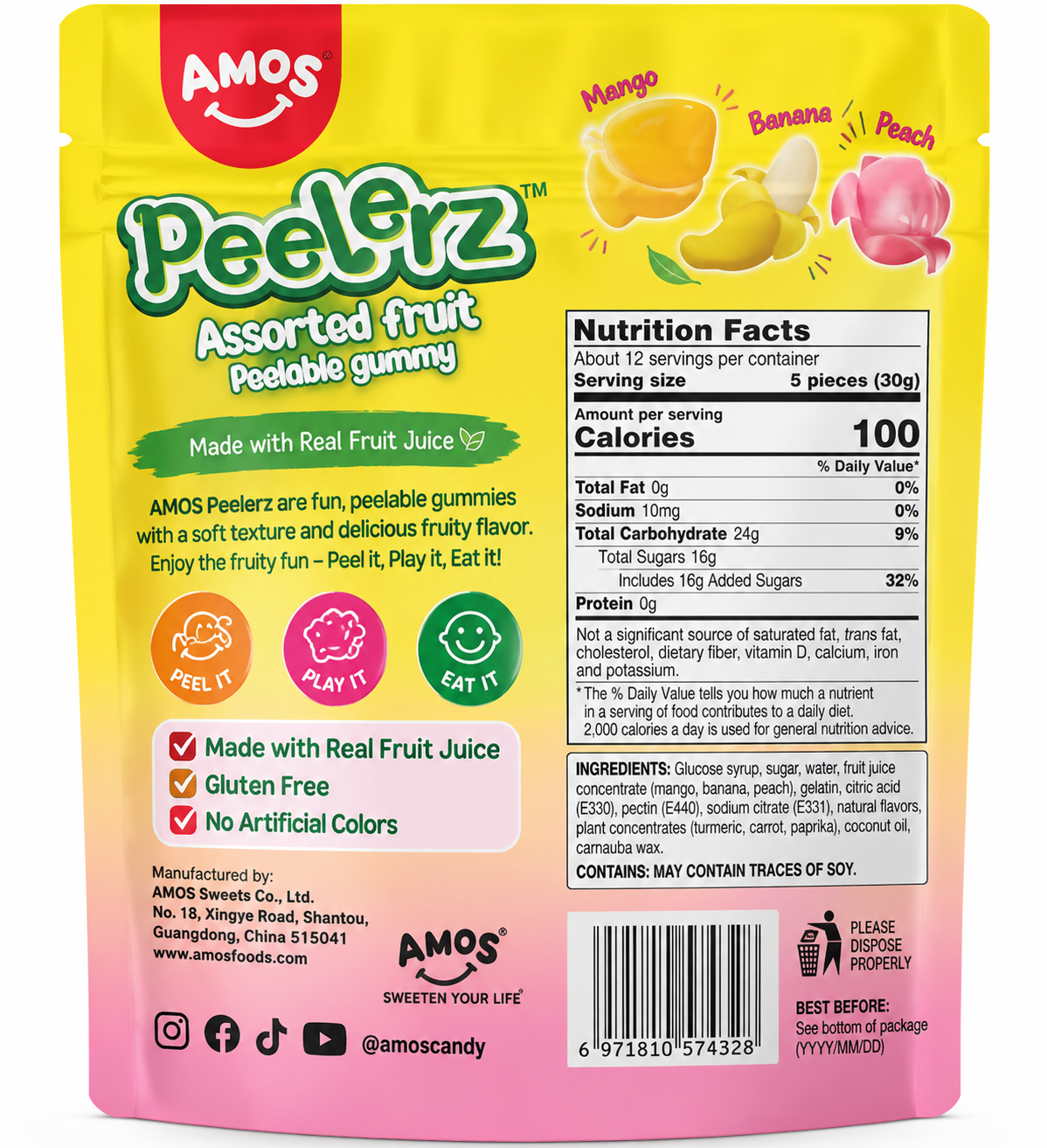 Amos Peelerz Gummy Mix Assorted Fruit 350 g – 1 Bolsa - Imagen 2