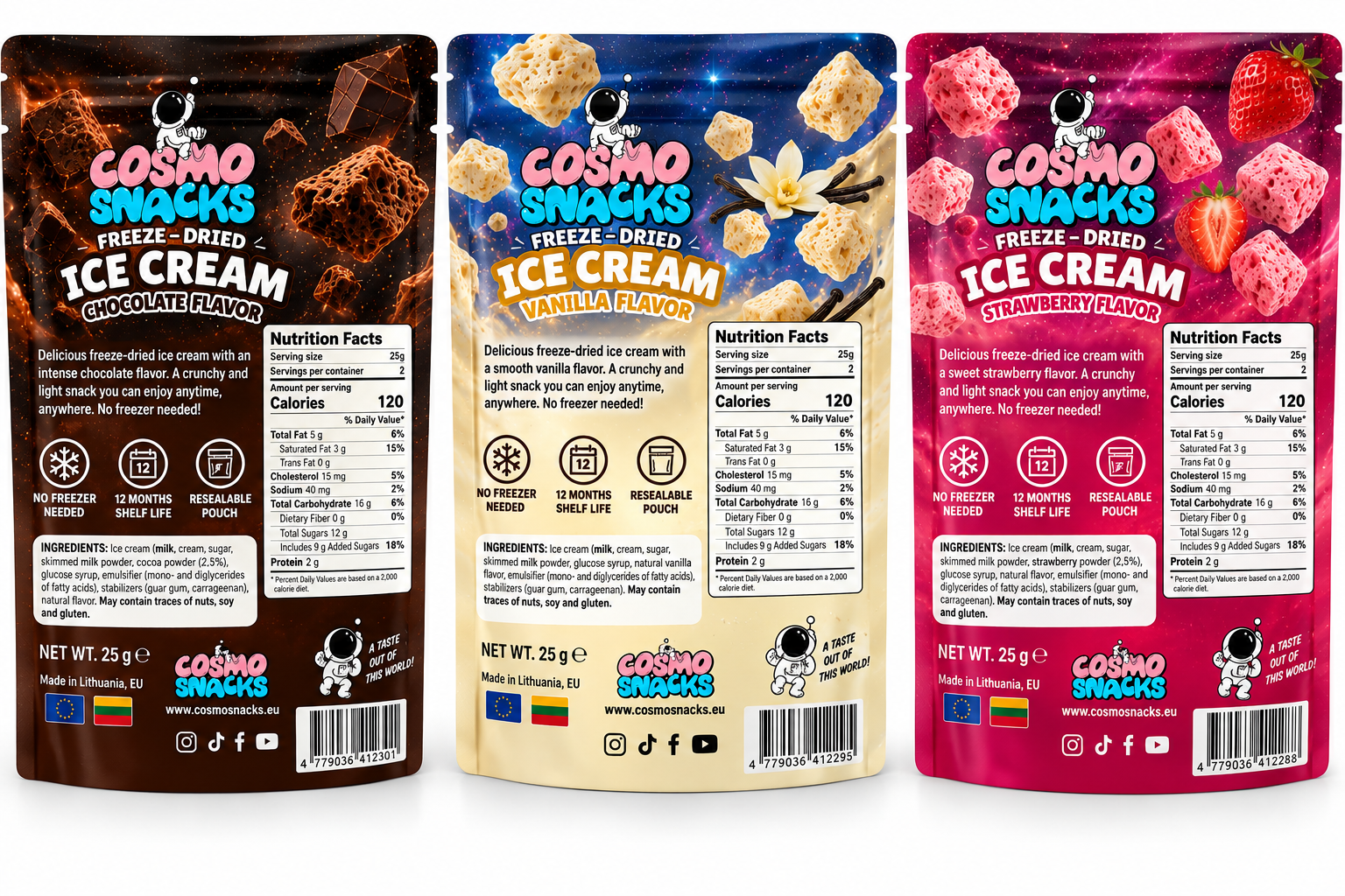 Pack 3 Cosmo Snacks Freeze-Dried Ice Cream – Chocolate, Vainilla y Fresa - Imagen 2