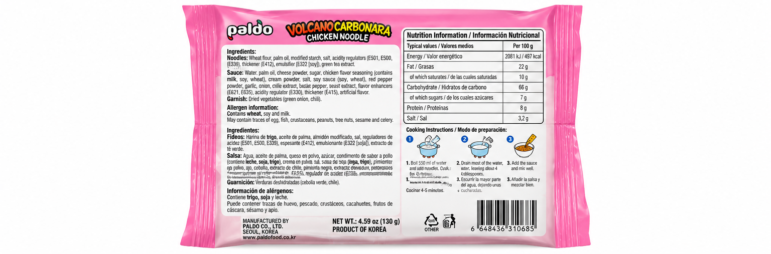 Paldo Volcano Carbonara Chicken Noodles 130g – Ramen Coreano Picante - Imagen 2