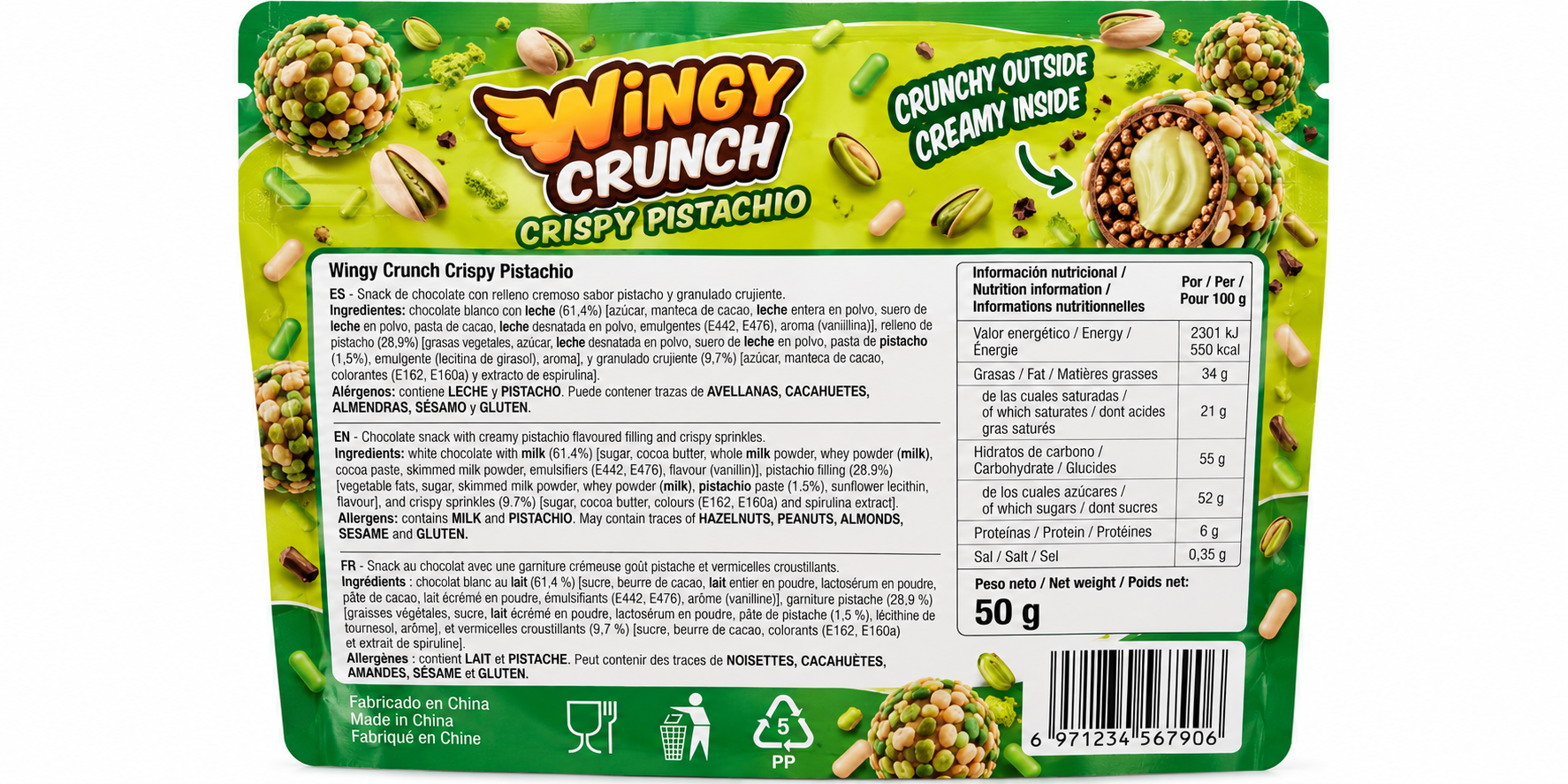 Wingy Crunch Crispy Pistachio – Chocolate con Pistacho 50g - Imagen 2